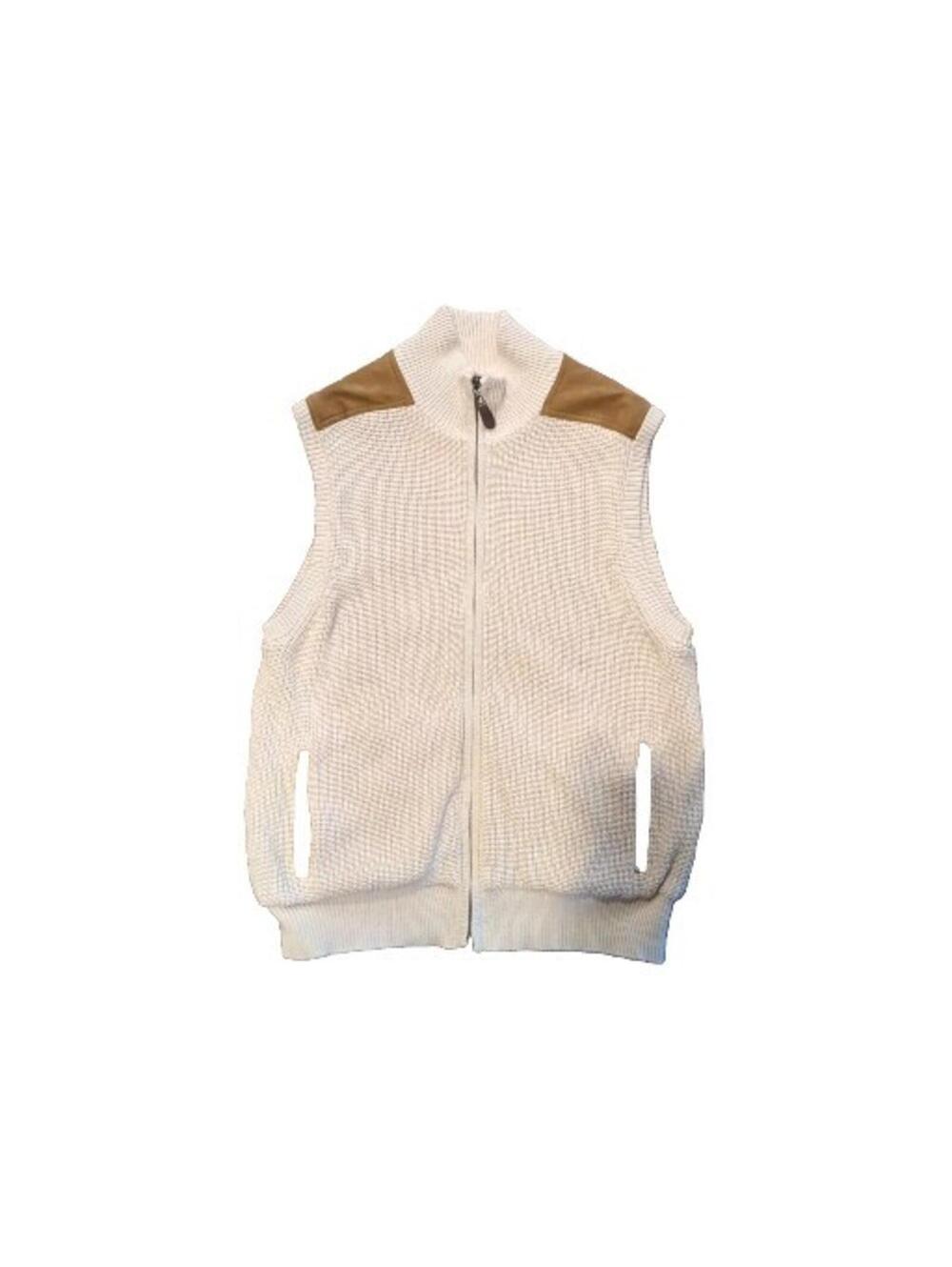 Orvis M Men's Suede & Cotton Full-Zip Sweater Vest Medium Knit Tan Brown